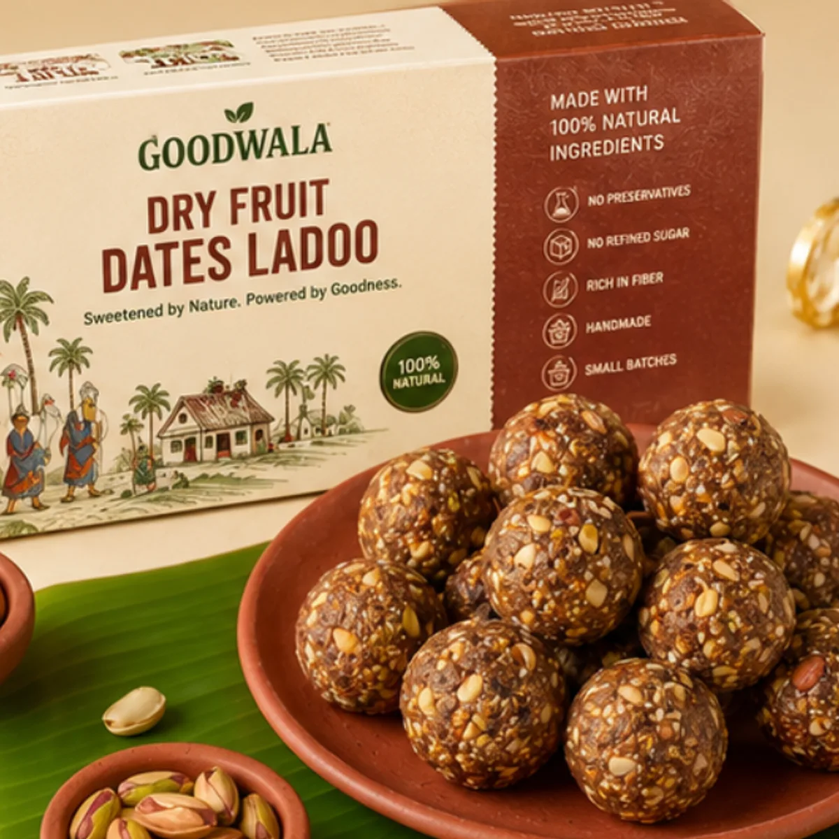 A Goodwala Dry Fruit Dates Ladoo box beside a terracotta plate of the ladoos, on a banana leaf