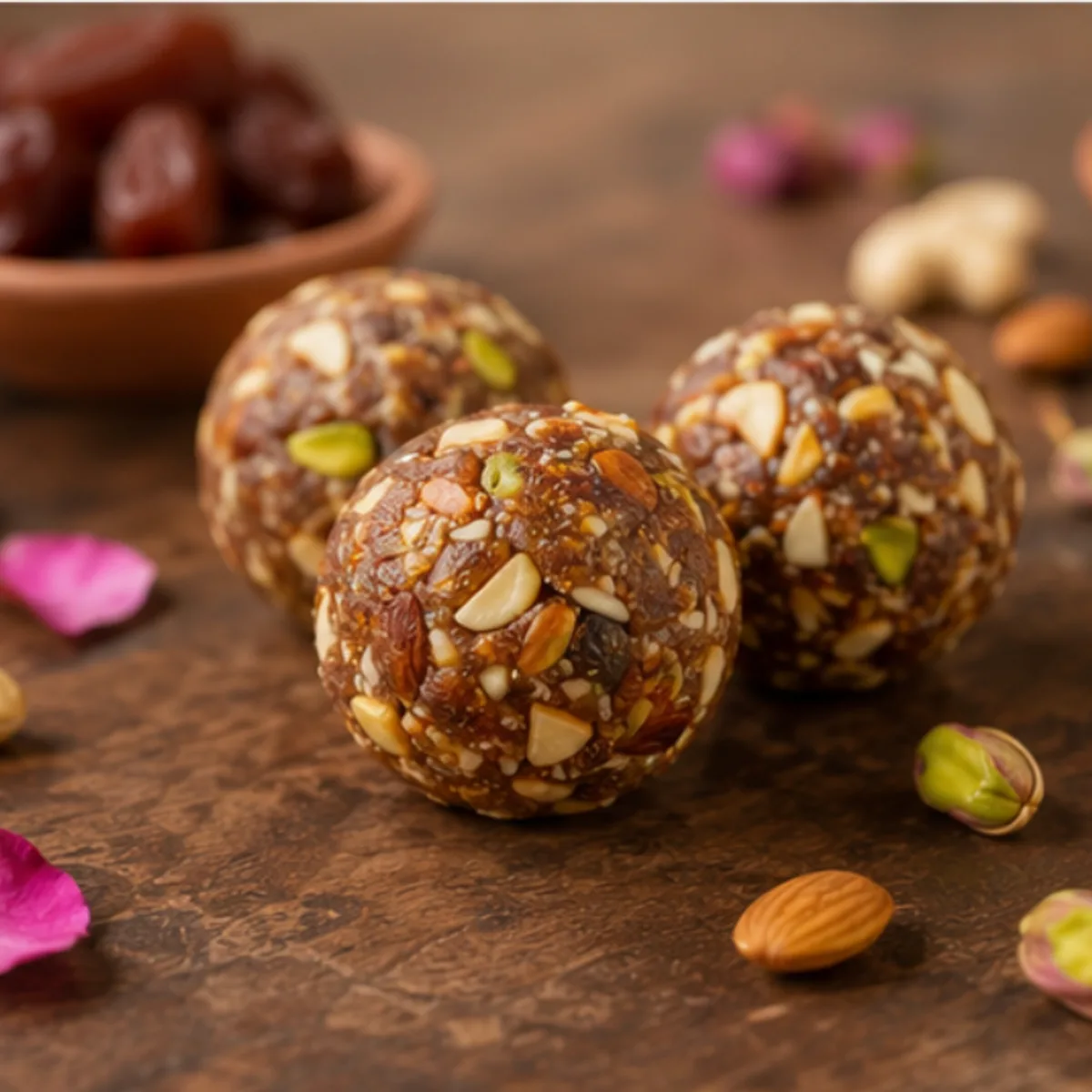 Close-up of three ladoos on wood, showing the whole almonds and pistachios through each one