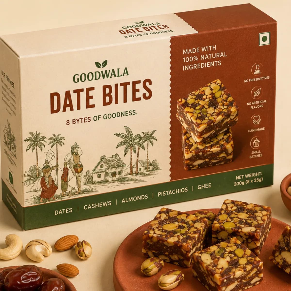 A Goodwala Date Bites box beside squares of the product on a terracotta plate, with cashews, almonds and pistachios scattered around