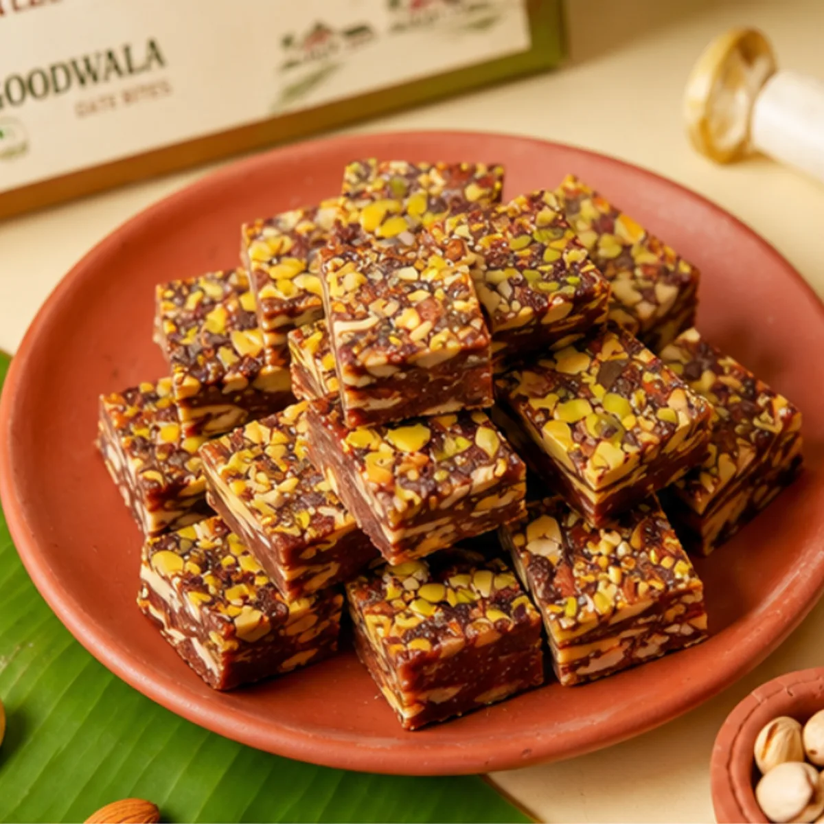 Date Bites stacked on a terracotta plate on a banana leaf, the pack behind them