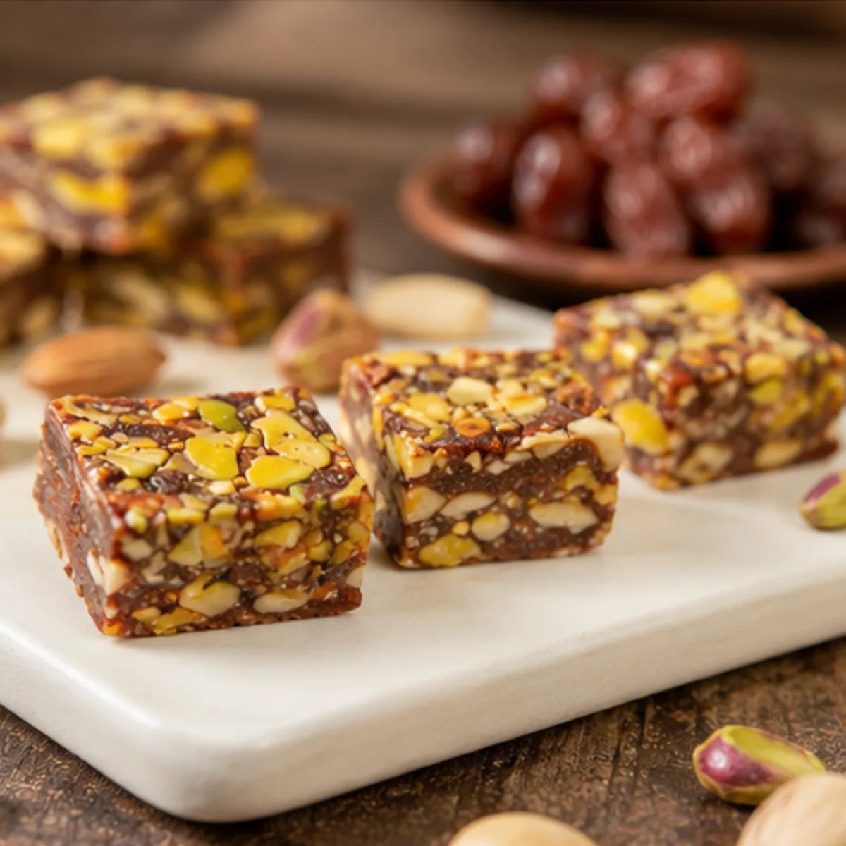 Close-up of three Date Bites on marble, showing the whole nuts set through each square
