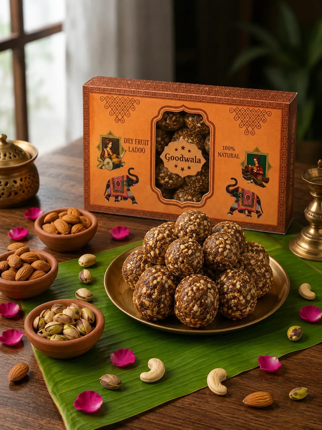 The Goodwala Dry Fruit Ladoo box on a wooden table, with ladoos stacked on a brass plate over a banana leaf, beside bowls of almonds, pistachios and cashews