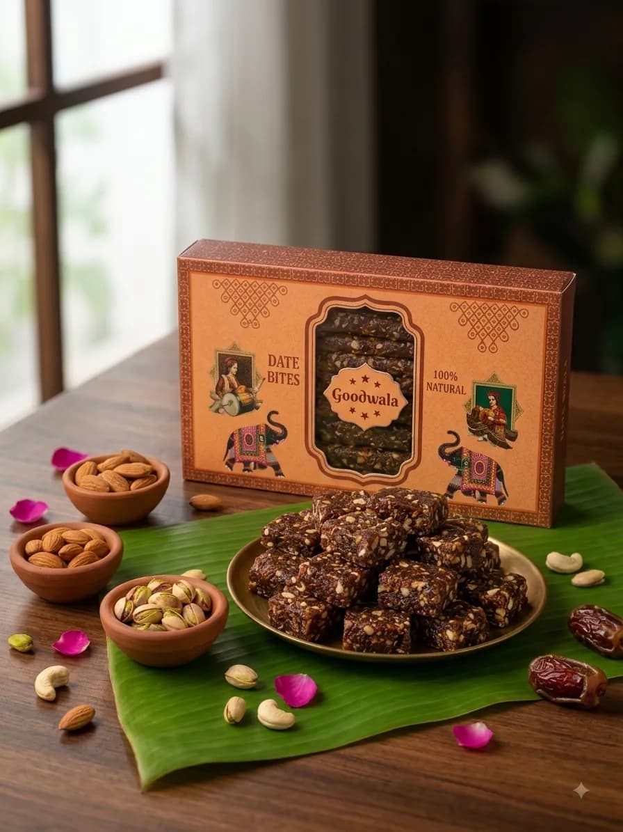 The Goodwala Date Bites box on a wooden table, with squares of Date Bites piled on a brass plate over a banana leaf, beside bowls of almonds, pistachios and cashews